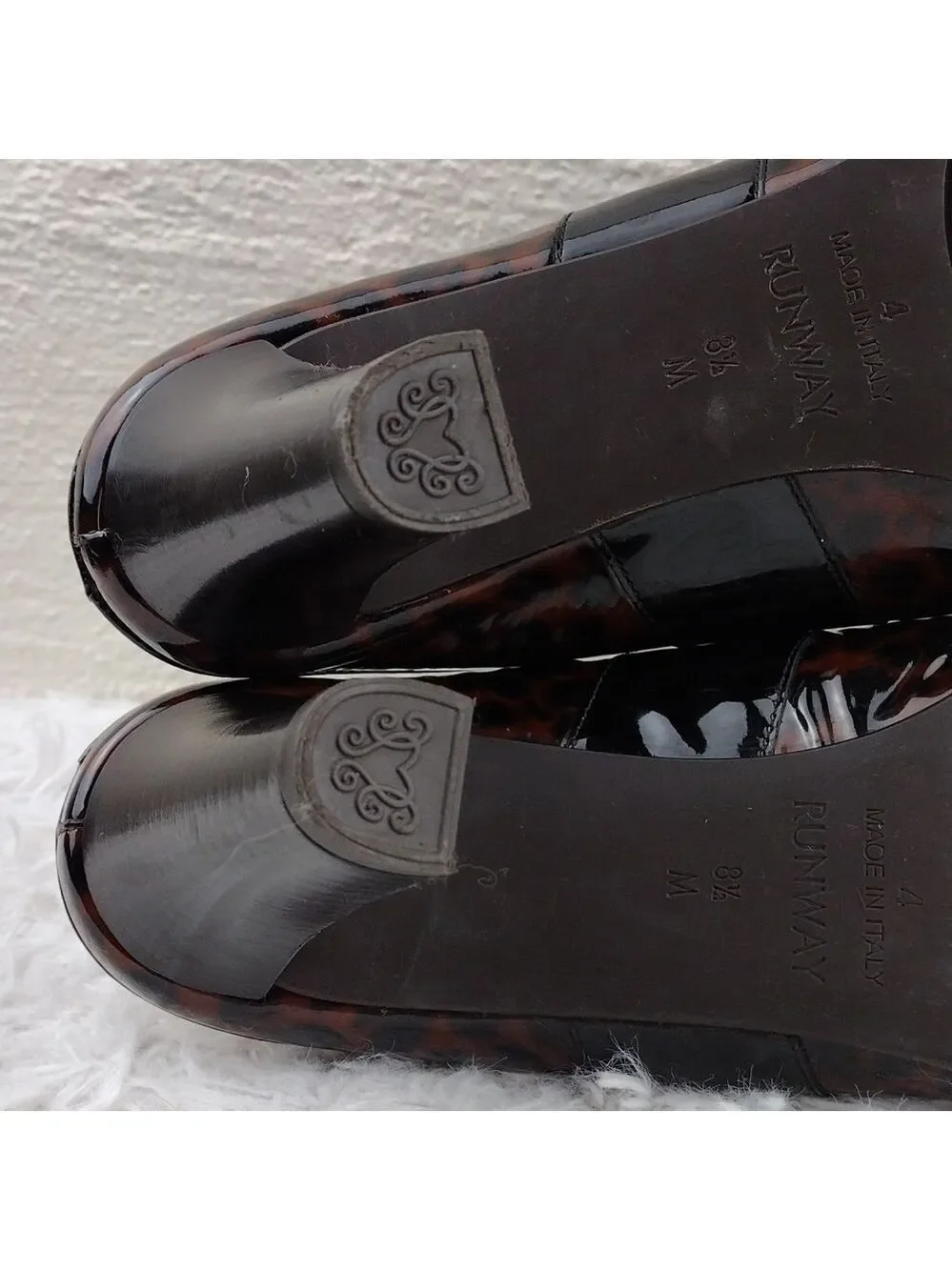 Brighton Runway Black Brown Cheetah Print Patent Leather High Heel Mule Shoe